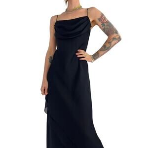 VINTAGE 90s ONYX NITE Black Drape Neck Asymmetrical Hem Dress 16 Fairy HOCO PROM